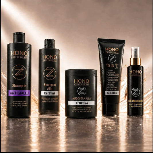 HONO – KIT COMPLETO NO GIALLO Shampoo Keratina 1L, Maschera Keratina 1L, Olio Argan