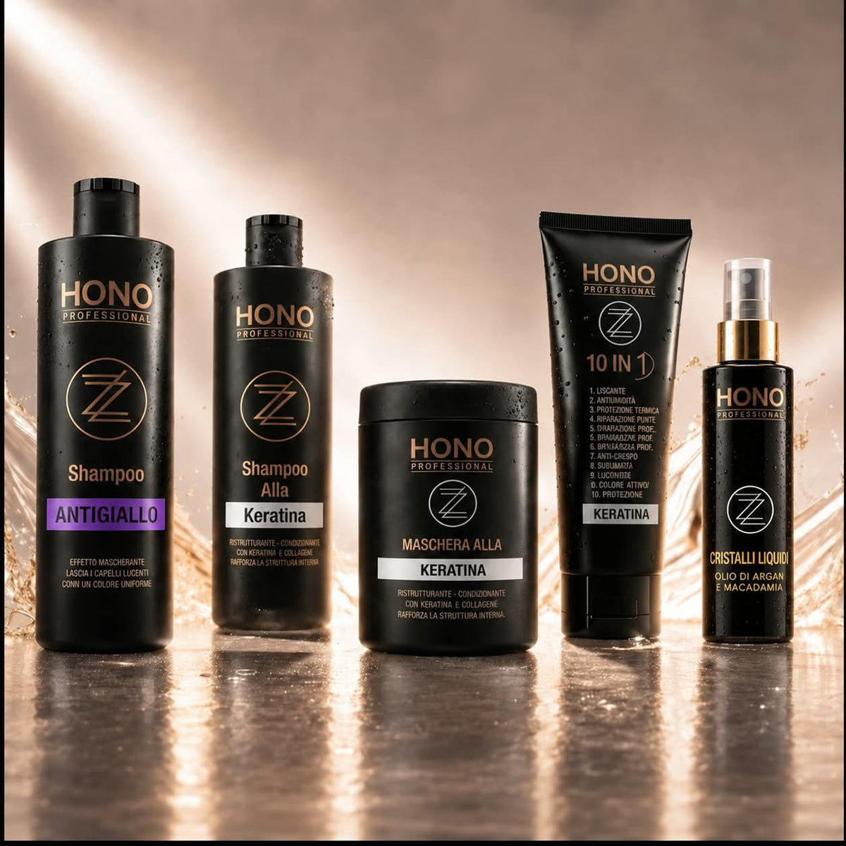 HONO – KIT COMPLETO NO GIALLO Shampoo Keratina 1L, Maschera Keratina 1L, Olio Argan